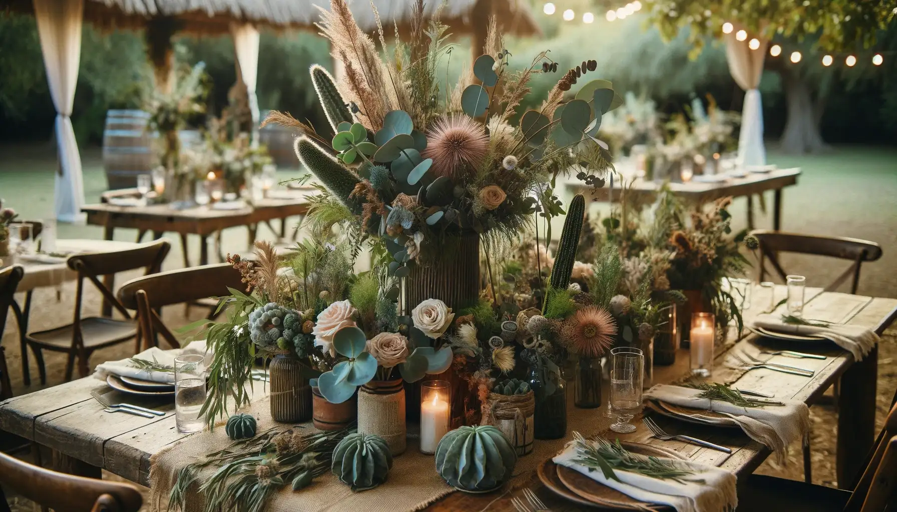 Mejor Una imagen en formato horizontal que ilustre un centro de mesa floral detallado en una boda botanica mostrando una combinacion de eucaliptos suculen