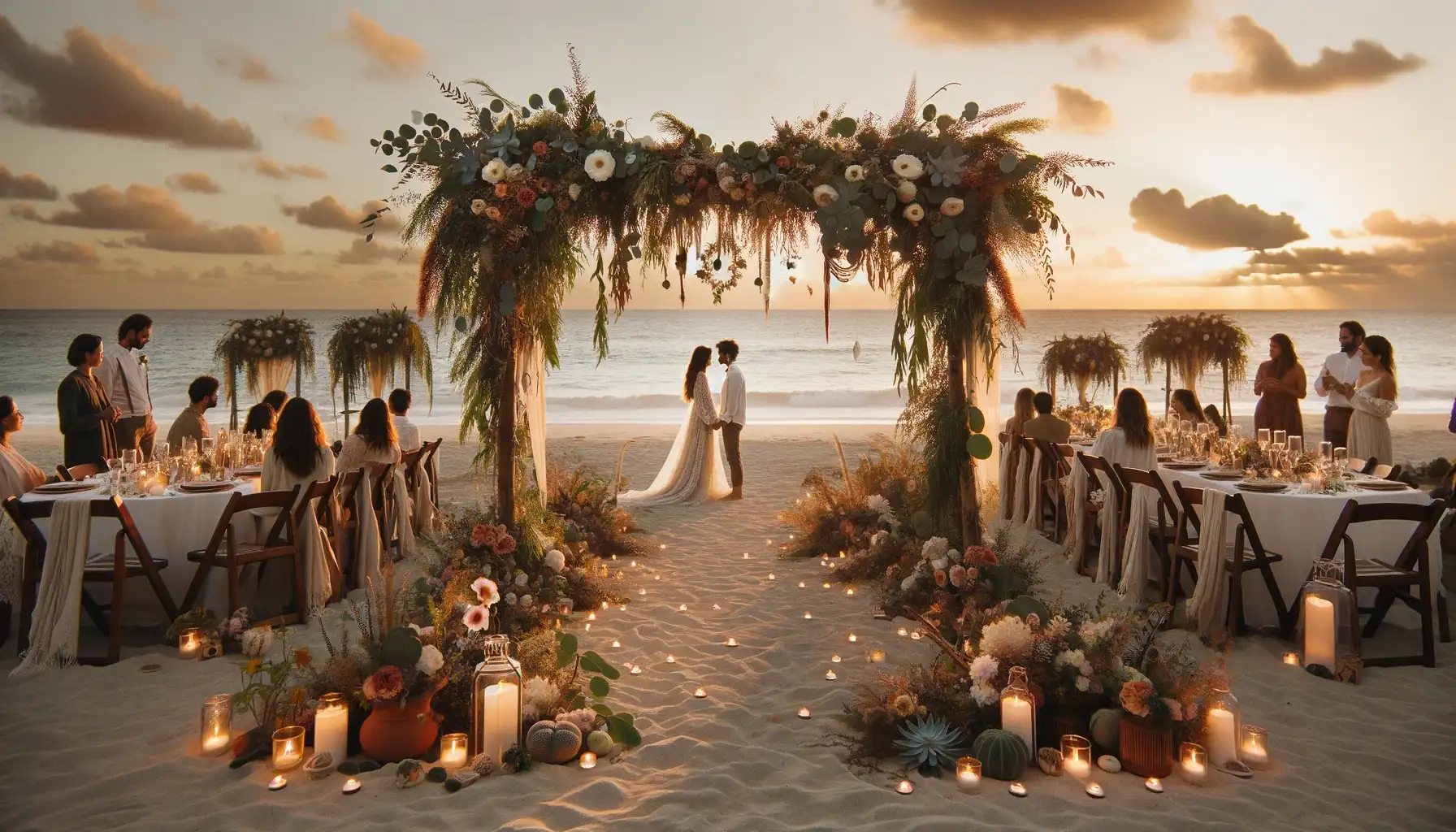 Mejor Una imagen horizontal que muestre una boda bohemia en la playa al atardecer con una decoracion floral abundante incluyendo arcos de boda adornados c